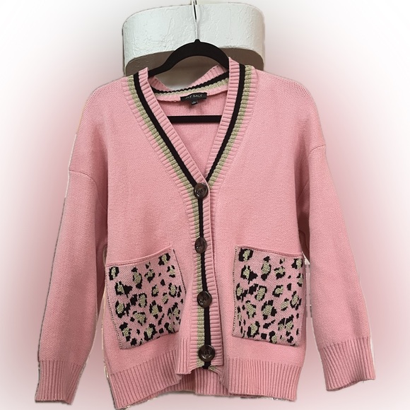 ALY Daly pink cardigan v neck sweater w/ animal, print,‎  black and gold size L - Picture 1 of 3